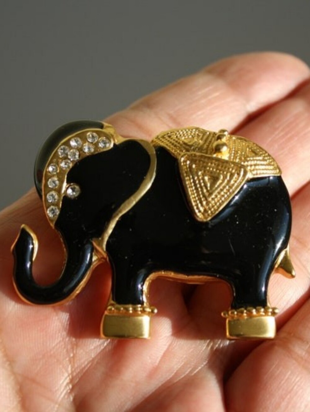 Vintage Black enamel Elephant Brooch Pendant Ornate rhinestones gold accents